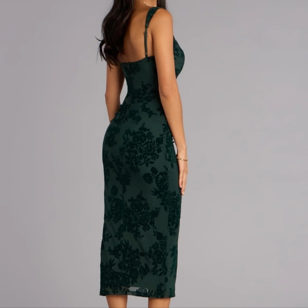 Windsor | Never Worn Hunter Green Emme Flocked Velvet Midi Formal Dress - Picture 5 of 10